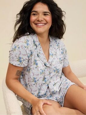 Aerie Real Soft Ruffle Pajama Shirt in Monaco Blue